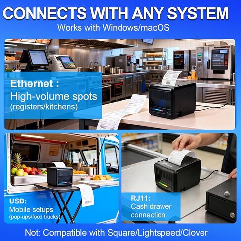 طابعة إيصالات Milestone P80E POS، طابعة إيصالات حرارية USB 80 مم مع قاطع تلقائي وتنبيهات صوتية وبصرية، طابعات بيع بالتجزئة للمطبخ مع USB Ethernet درج للنقود يدعم Windows Mac in Kuwait