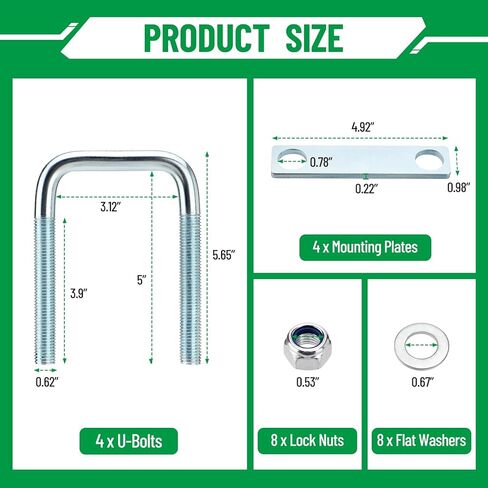 4 Pack Square U Bolt for 3 Inch Wide Leaf Spring, Galvanized Steel U Bolt Brackets with Plates, 5" Long x 3-1/8" Wide x 5/8" Diameter, Fit for Truck, Trailer and Boat in Saudi Arabia