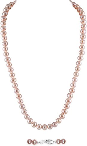 Natural Cultured Freshwater Real Pearl Strand Necklace in Sterling Silver, White or Pink 5.5-9.5mm AAA Quality Round Pearls,16 to 36 Inches Length, Fishhook Clasp, Jewelry for Women, Gift Box Included in Saudi Arabia