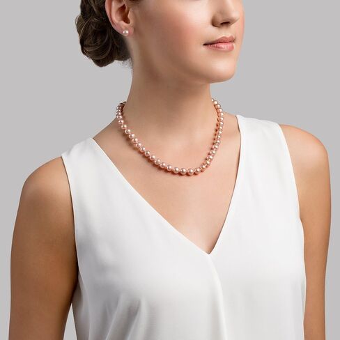 The Pearl Source 8-9mm AAA Quality Round Pink Freshwater Cultured Pearl Necklace for Women in 17" Princess Length in Saudi Arabia
