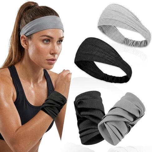 4 Pack Sport Headbands and Wristbands Set for Women Cooling Sweatbands Non Slip Moisture Wicking Elastic Athletic Hair Bands for Workout Gym Running Yoga (Black & Grey) in Kuwait