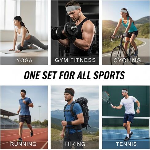 4 Pack Sport Headbands and Wristbands Set for Women Cooling Sweatbands Non Slip Moisture Wicking Elastic Athletic Hair Bands for Workout Gym Running Yoga (Black & Grey) in Kuwait