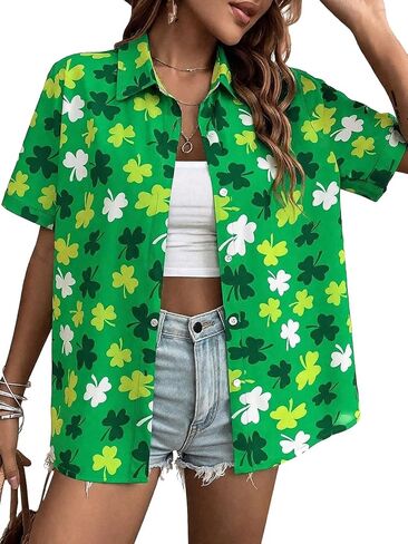 قمصان عيد القديس باتريك للسيدات قميص شامروك الأيرلندي المحظوظ بأزرار للأسفل لعيد الأرز بأكمام قصيرة وبلوزة بأزرار in Kuwait