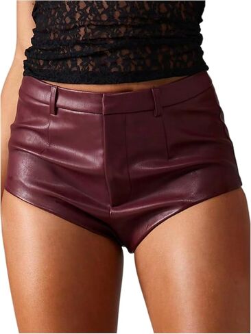 OYOANGLE Women's PU Leather Booty Shorts High Waisted Skinny Party Rave Shorts Clubwear in Kuwait