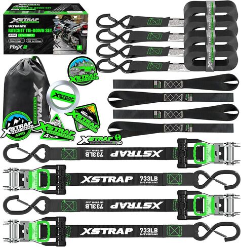 XSTRAP STANDARD 4PK Motorcycle Tie Down Straps - 1" x 15ft, 2,200lb Break Strength, Soft Loop Straps with Safety Lock S Hooks, Black Loops & Stickers, for Moving, Trucks, Cargo, Lawn Equipment, Black in Saudi Arabia