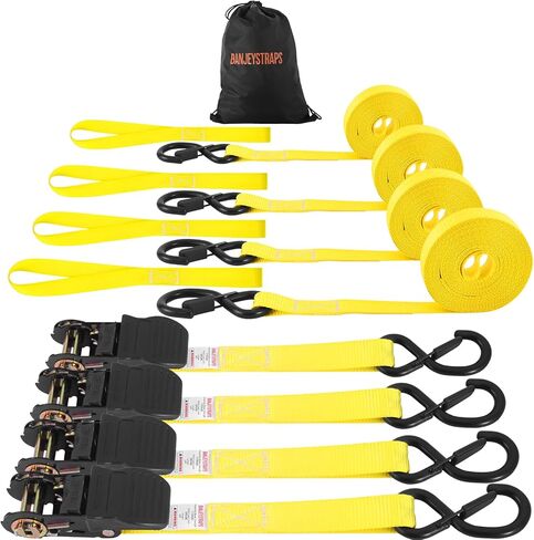 1" x 12' Heavy Duty Ratchet Straps (4-Pack) with 4 Soft Tie Downs & Bag - 1,750lb Break Strength, Safety S Hooks for Truck, Trailer, Motorcycle, Cargo Moving - Orange in Saudi Arabia