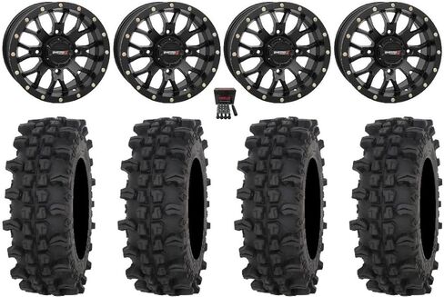 الحزمة - 9 عناصر: عجلات System 3 ST-3 باللون الأسود مقاس 15 بوصة وإطارات ACP مقاس 32 بوصة [4x156 Bolt Pattern 3/8x24 Lug Kit] in Kuwait