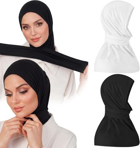 Unittype 2 قطعة وشاح الحجاب الفوري أسود أبيض الذاتي لاصق غطاء كامل غطاء شال الإسلامية مسلم وشاح الرأس عمامة للنساء in Kuwait
