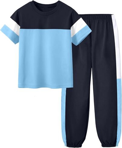 ملابس الأولاد مقاس 4-12 بأكمام قصيرة تي شيرت ملون وسراويل طويلة قطعتين ملابس صيفية للأولاد in Kuwait