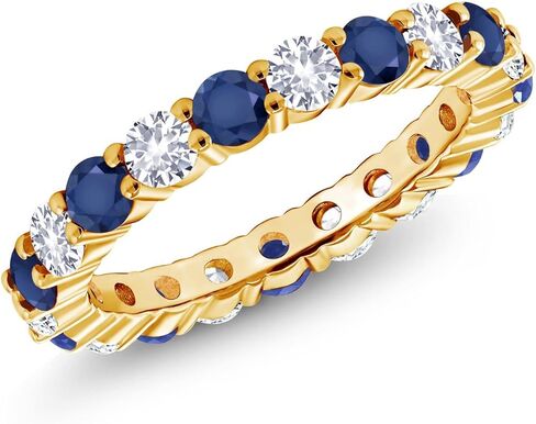 Gem Stone King 1.30 Cttw Round Blue Sapphire and White Created Sapphire Eternity Band Ring | 18K Yellow Gold Plated Silver | Wedding Engagement Anniversary Promise Ring For Women in Saudi Arabia