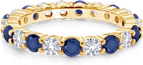 Gem Stone King 1.30 Cttw Round Blue Sapphire and White Created Sapphire Eternity Band Ring | 18K Yellow Gold Plated Silver | Wedding Engagement Anniversary Promise Ring For Women in Saudi Arabia