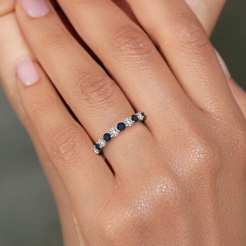 Gem Stone King 1.30 Cttw Round Blue Sapphire and White Created Sapphire Eternity Band Ring | 18K Yellow Gold Plated Silver | Wedding Engagement Anniversary Promise Ring For Women in Saudi Arabia