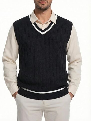 Men's Sweater Vest V Neck Cable Knit, Sleeveless Pullover with Contrast Trim, Preppy Golf Tennis Layering Top in Saudi Arabia