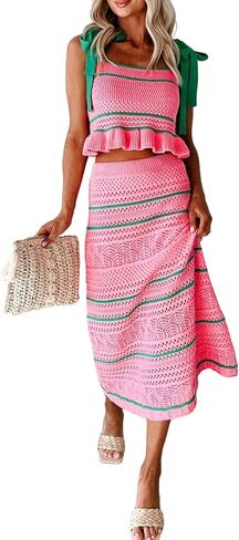 Women Crochet Knit 2 Piece Outfits Set Summer Striped Tie Shoulder Crop Top Bodycon Maxi Skirt Cover Up Set in Saudi Arabia