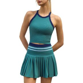 QINSEN Tennis Skirt Set for Women High Waisted Pleated Athletic Pickleball Skirt with Shorts Padded Tank Top 2 Piece Outfits in Saudi Arabia