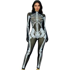 Skeleton Print See Through Mesh Jumpsuit,Sparkly Rhinestone Halloween Costume Long Sleeve High Neck Stretchy Party Clubwear in Saudi Arabia