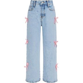 Jeans for Girls Baggy Wide Leg Cute Bow High Elastic Waisted Denim Pants Y2K Boyfriend Skater Streetwear 7-14Y in Saudi Arabia