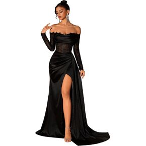 Elegant Dresses for Women Formal Lace Patchwork Off Shoulder Long Sleeve Backless Floor Length Evening Cocktail Dress in Saudi Arabia