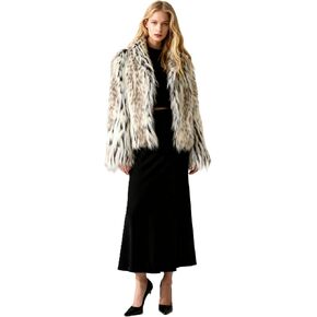 Women's Faux Fur Winter Coat Open Front Long Sleeve Fluffy Tabby Leopard Mix Color Coat With Pockets in Kuwait