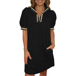 Fisoew Womens Summer Puff Short Sleeve Mini Dress Quarter Zip V Neck Casual Textured Loose Fit Active Sweatshirt Dresses in Kuwait