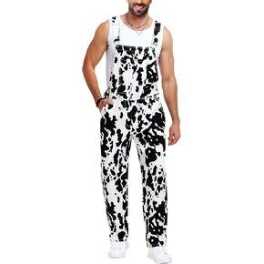 AOBUTE Mens Denim Bibs Overalls Pants Animal Cow Print Work Casual Jumpsuit in Saudi Arabia