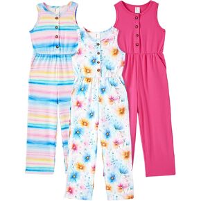 PATPAT 3 Pack Girls Jumpsuits Solid Color Floral Print Button Down Sleeveless Jumpsuits Long Romper Pants with Pockets 5-14Y in Kuwait