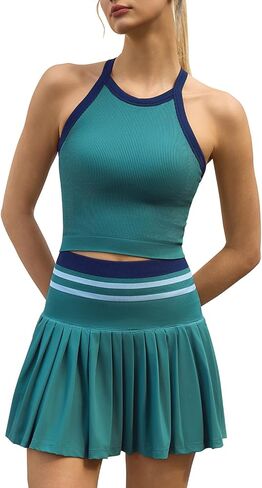 QINSEN Tennis Skirt Set for Women High Waisted Pleated Athletic Pickleball Skirt with Shorts Padded Tank Top 2 Piece Outfits in Saudi Arabia