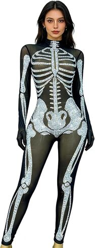 Skeleton Print See Through Mesh Jumpsuit,Sparkly Rhinestone Halloween Costume Long Sleeve High Neck Stretchy Party Clubwear in Saudi Arabia