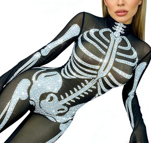 Skeleton Print See Through Mesh Jumpsuit,Sparkly Rhinestone Halloween Costume Long Sleeve High Neck Stretchy Party Clubwear in Saudi Arabia