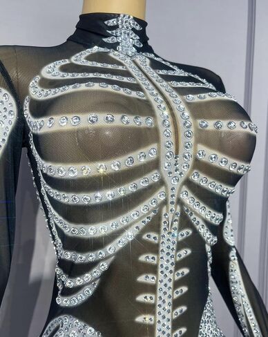 Skeleton Print See Through Mesh Jumpsuit,Sparkly Rhinestone Halloween Costume Long Sleeve High Neck Stretchy Party Clubwear in Saudi Arabia