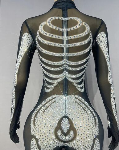 Skeleton Print See Through Mesh Jumpsuit,Sparkly Rhinestone Halloween Costume Long Sleeve High Neck Stretchy Party Clubwear in Saudi Arabia