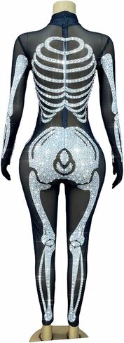 Skeleton Print See Through Mesh Jumpsuit,Sparkly Rhinestone Halloween Costume Long Sleeve High Neck Stretchy Party Clubwear in Saudi Arabia
