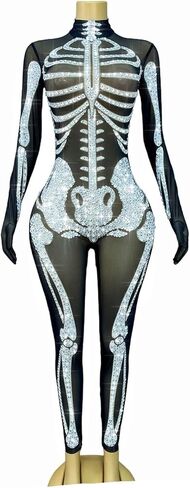 Skeleton Print See Through Mesh Jumpsuit,Sparkly Rhinestone Halloween Costume Long Sleeve High Neck Stretchy Party Clubwear in Saudi Arabia