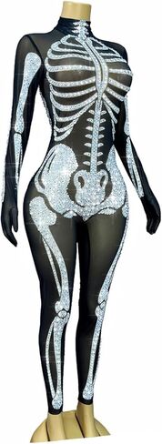 Skeleton Print See Through Mesh Jumpsuit,Sparkly Rhinestone Halloween Costume Long Sleeve High Neck Stretchy Party Clubwear in Saudi Arabia