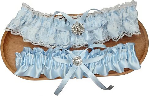 2Pcs Blue Bride Garters Bow Satin Wedding Garter for Bride Accessories Lace Pearl Bridal Wedding Thigh Garter Set in Saudi Arabia