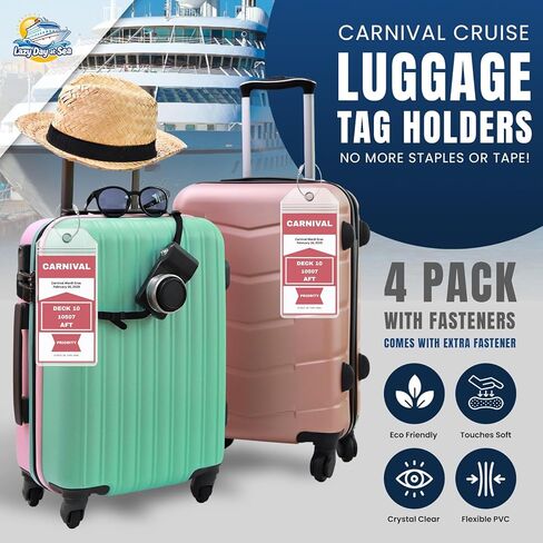 Cruise Ship Luggage Tag Holders (4 Pack) fits Carnival Cruise Line Tags, Clear Waterproof PVC with Steel Loop Fasteners. Cruise Essentials 2026-2027. Must Have Luggage Item in Saudi Arabia