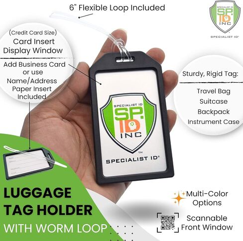 5 Pack - Premium Rigid Airline Luggage Tag Holders with 6" Worm Loops - Heavy Duty Hard Plastic -Suitcase ID Tag Identifiers with Business Card Insert Window by Specialist ID (Black) in Kuwait