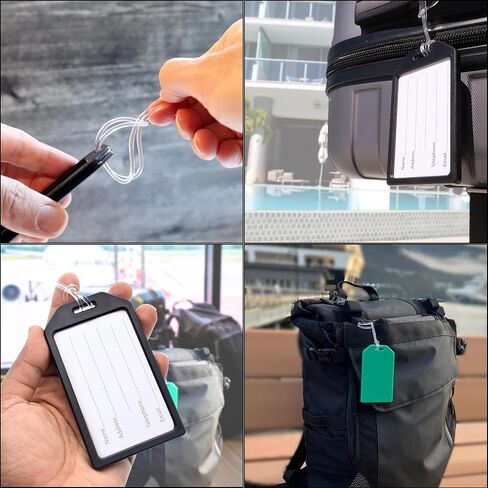 5 Pack - Premium Rigid Airline Luggage Tag Holders with 6" Worm Loops - Heavy Duty Hard Plastic -Suitcase ID Tag Identifiers with Business Card Insert Window by Specialist ID (Black) in Kuwait