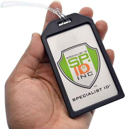 5 Pack - Premium Rigid Airline Luggage Tag Holders with 6" Worm Loops - Heavy Duty Hard Plastic -Suitcase ID Tag Identifiers with Business Card Insert Window by Specialist ID (Black) in Kuwait