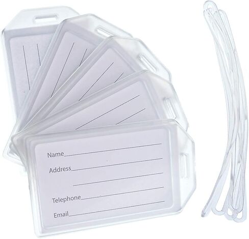 5 Pack - Premium Rigid Airline Luggage Tag Holders with 6" Worm Loops - Heavy Duty Hard Plastic -Suitcase ID Tag Identifiers with Business Card Insert Window by Specialist ID (Black) in Kuwait