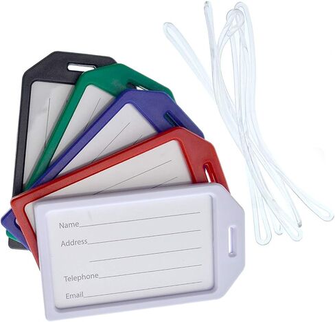 5 Pack - Premium Rigid Airline Luggage Tag Holders with 6" Worm Loops - Heavy Duty Hard Plastic -Suitcase ID Tag Identifiers with Business Card Insert Window by Specialist ID (Black) in Kuwait