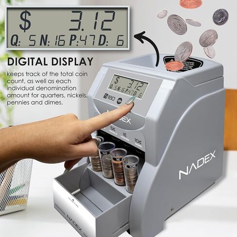 Nadex S180 Digital Coin Sorter and Counter – Displays Total and Denomination Values, Silver in Saudi Arabia