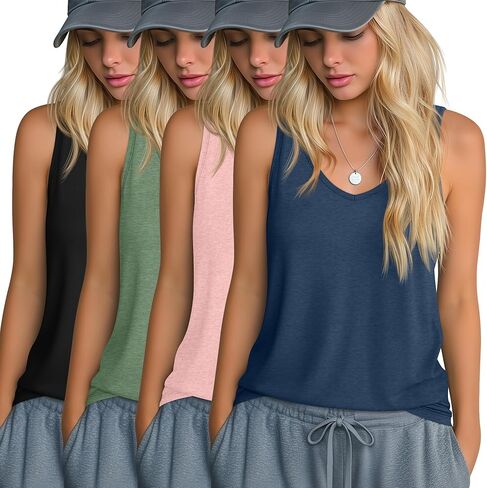 Riyiper 4 Pack Women's Tank Tops Loose Fit V Neck Racerback Tops Sleeveless Casual Tee Basic Summer 2026 Workout Yoga Shirts in Saudi Arabia