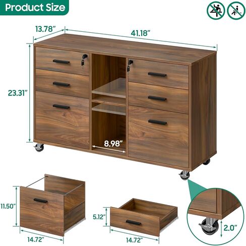 Lateral File Cabinet with Lock, Large Mobile Storage Filing Cabinet with 6 Drawers Fits Files Letter/A4 Size, Rolling Printer Stand with Open Storage Adjustable Shelf for Home Office, Brown in Saudi Arabia