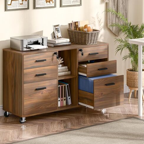 Lateral File Cabinet with Lock, Large Mobile Storage Filing Cabinet with 6 Drawers Fits Files Letter/A4 Size, Rolling Printer Stand with Open Storage Adjustable Shelf for Home Office, Brown in Saudi Arabia