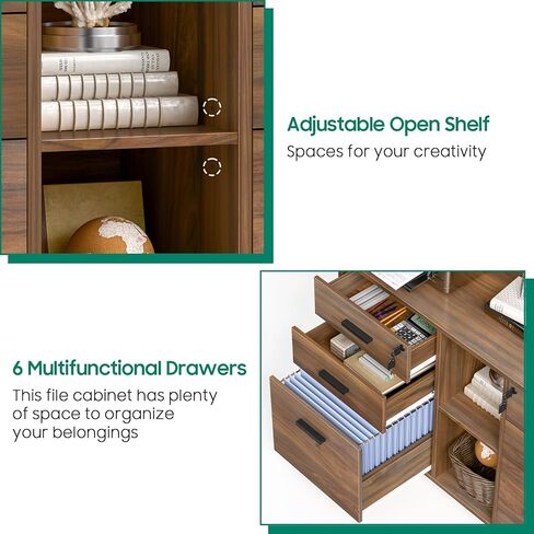 Lateral File Cabinet with Lock, Large Mobile Storage Filing Cabinet with 6 Drawers Fits Files Letter/A4 Size, Rolling Printer Stand with Open Storage Adjustable Shelf for Home Office, Brown in Saudi Arabia
