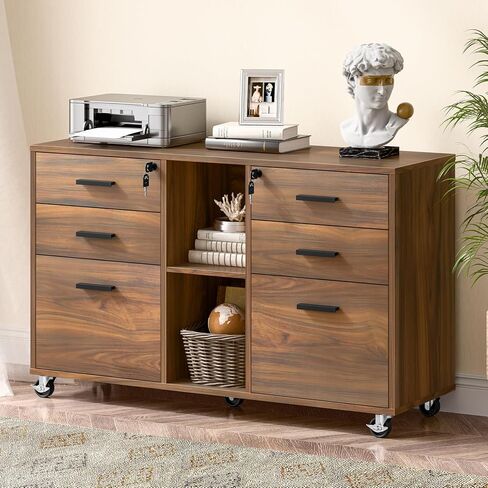 Lateral File Cabinet with Lock, Large Mobile Storage Filing Cabinet with 6 Drawers Fits Files Letter/A4 Size, Rolling Printer Stand with Open Storage Adjustable Shelf for Home Office, Brown in Saudi Arabia