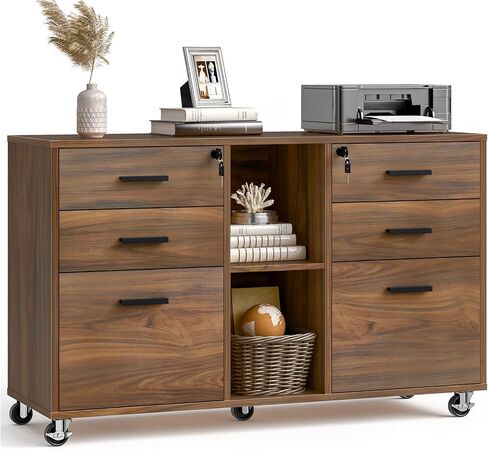 Lateral File Cabinet with Lock, Large Mobile Storage Filing Cabinet with 6 Drawers Fits Files Letter/A4 Size, Rolling Printer Stand with Open Storage Adjustable Shelf for Home Office, Brown in Saudi Arabia