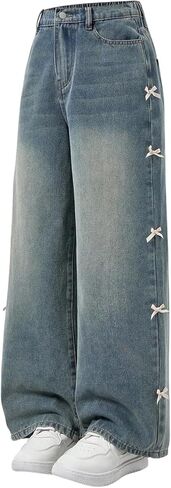 Milumia Girl's Y2k Bow Knot Baggy Jeans High Elastic Waist Wide Leg Denim Pants Streetwear in Saudi Arabia
