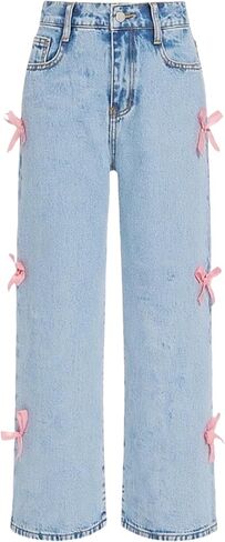 Jeans for Girls Baggy Wide Leg Cute Bow High Elastic Waisted Denim Pants Y2K Boyfriend Skater Streetwear 7-14Y in Saudi Arabia